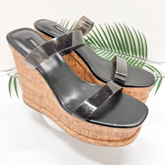 Nine West Rapps Platform Wedge Sandals Size 9.5 Black Tan Square Open Toe - Picture 1 of 13